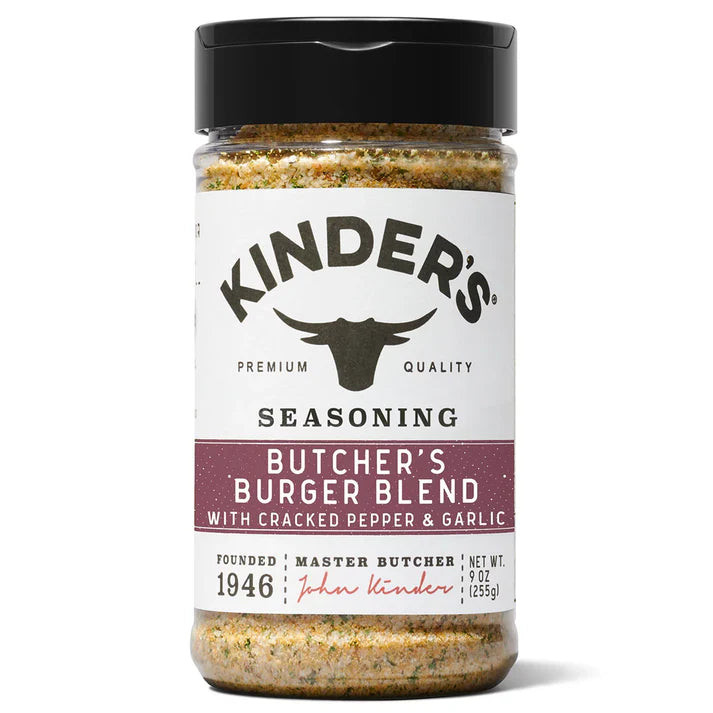 Kinder's Butcher's Burger Blend seasoning bottle, front label