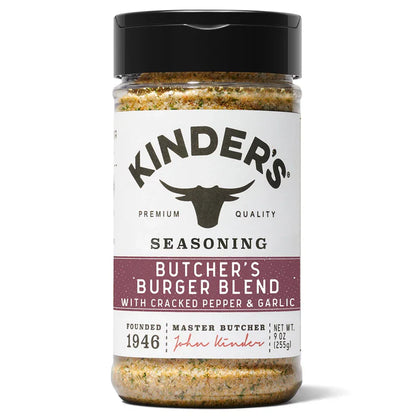 Kinder's Butcher's Burger Blend seasoning bottle, front label