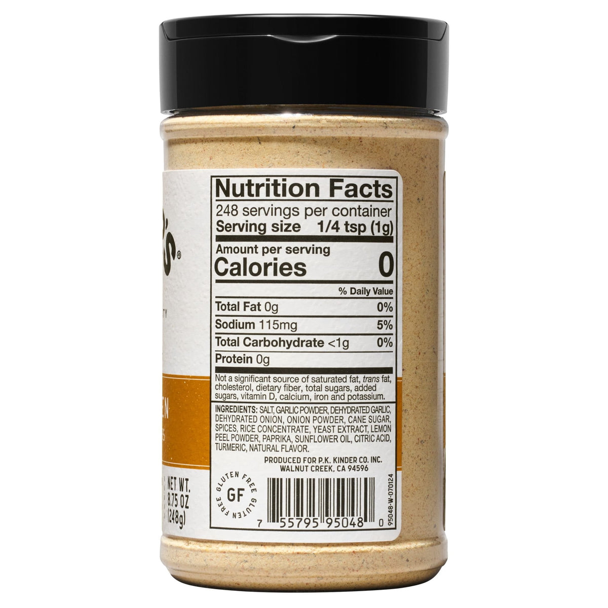 Kinder's Roast Chicken bottle, back label with nutrition facts, ingredients and barcode