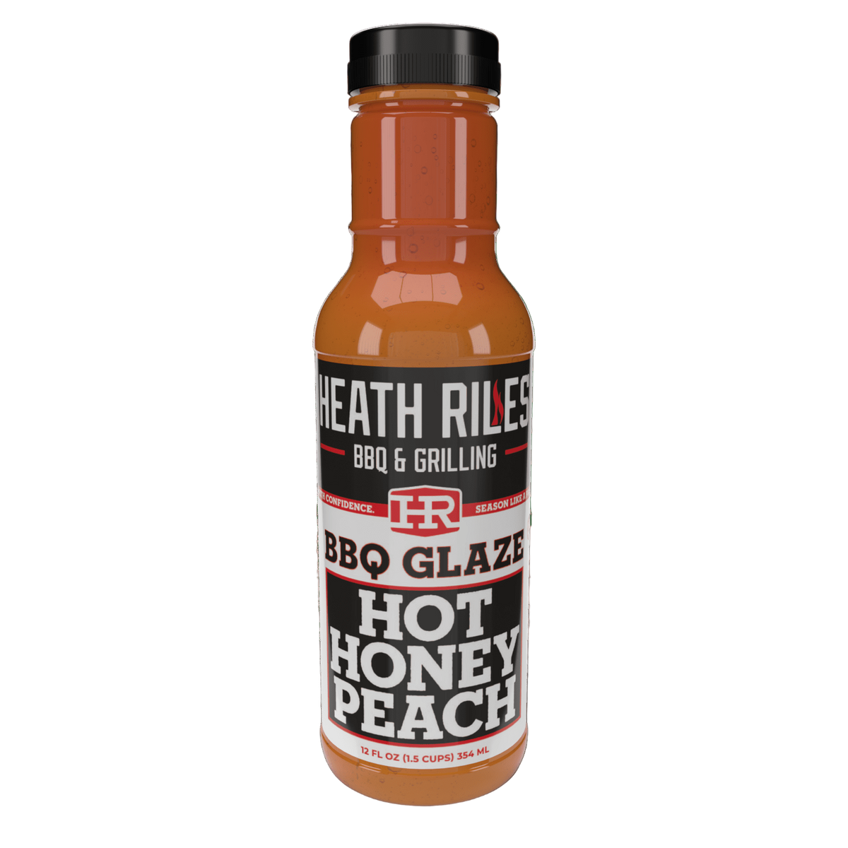 Heath Riles - Hot Honey Peach BBQ Glaze 12 oz bottle, front view