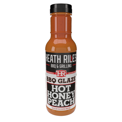 Heath Riles - Hot Honey Peach BBQ Glaze 12 oz bottle, front view