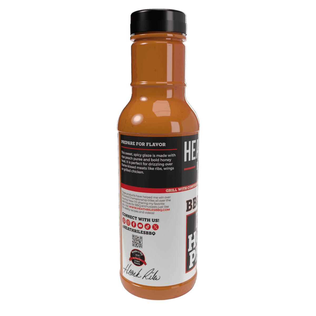 Heath Riles - Hot Honey Peach BBQ Glaze 12 oz bottle, left side view