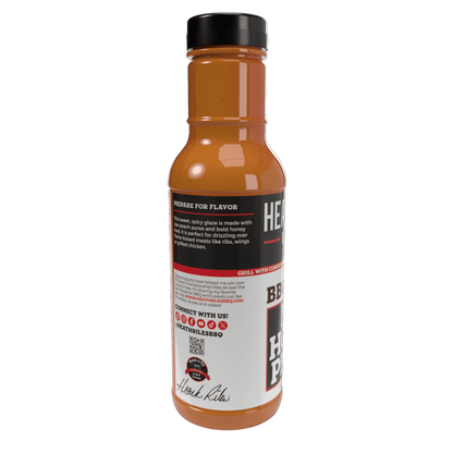 Heath Riles - Hot Honey Peach BBQ Glaze 12 oz bottle, left side view