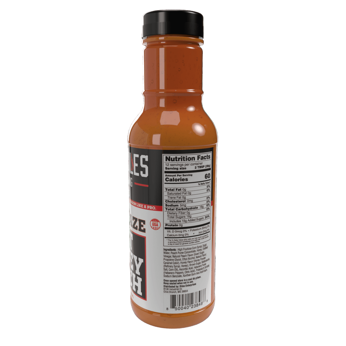 Heath Riles - Hot Honey Peach BBQ Glaze 12 oz bottle, right side view